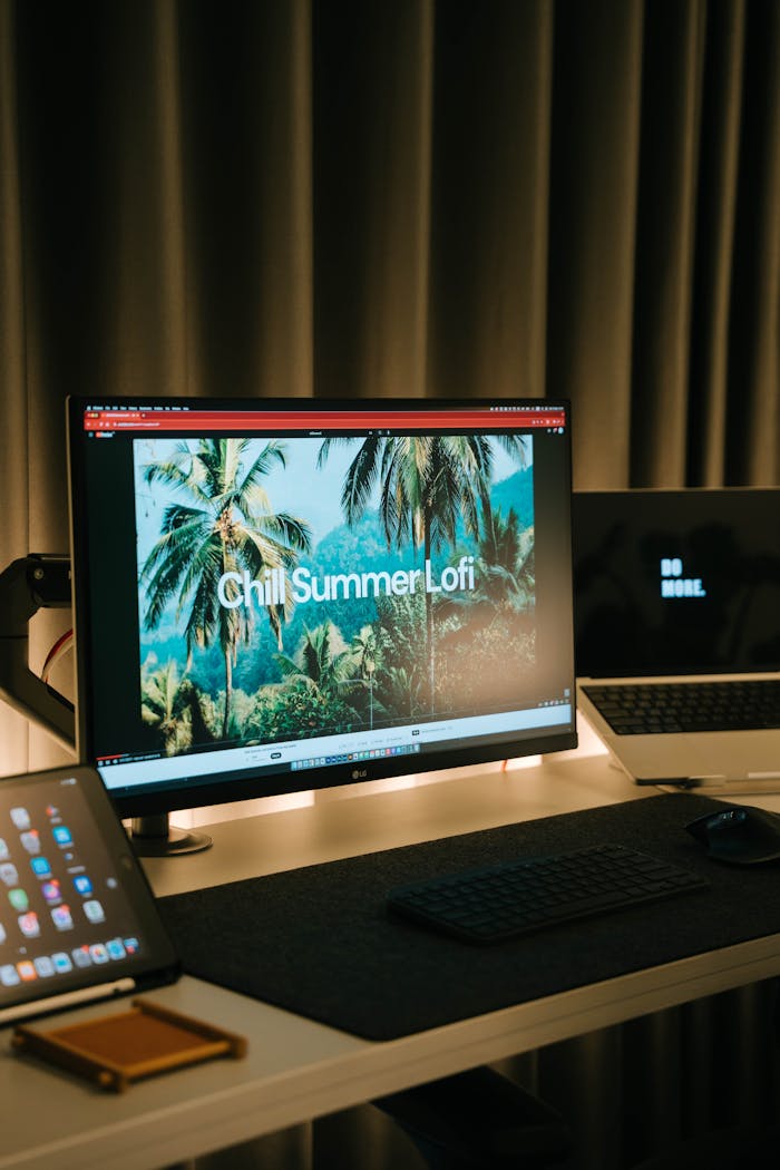 services-01 A modern desk setup featuring a screen displaying 'Chill Summer Lofi', ideal for relaxation or work.